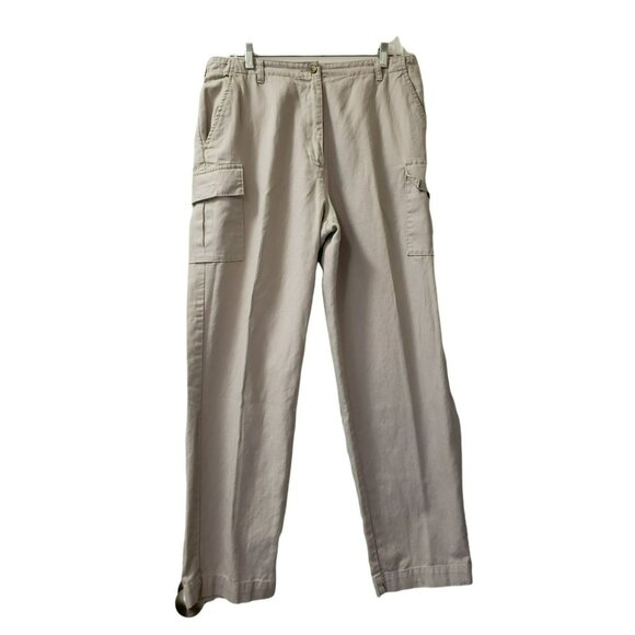 Woolrich Khaki Cargo Pants, Women's 14, Natural Linen & Cotton Blend, Tapered - Picture 1 of 8
